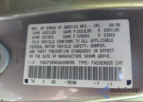 2009 Honda Accord 2.4 Ex-L from USA, damaged, VIN 1HGCP26809A008058